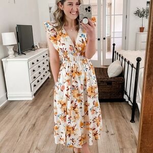 Abercrombie & Fitch White Floral Midi Dress with Yellow and Blue Accents